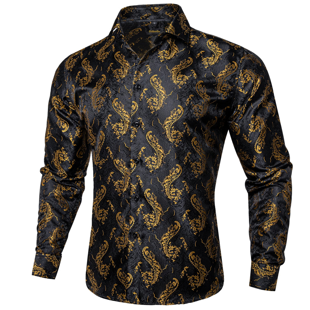 DiBanGu Silk Polyester Dress Shirts for Men Black Solid Paisley Red Silver Long Sleeve Turn Down Collar Prom Social Men's Shirt