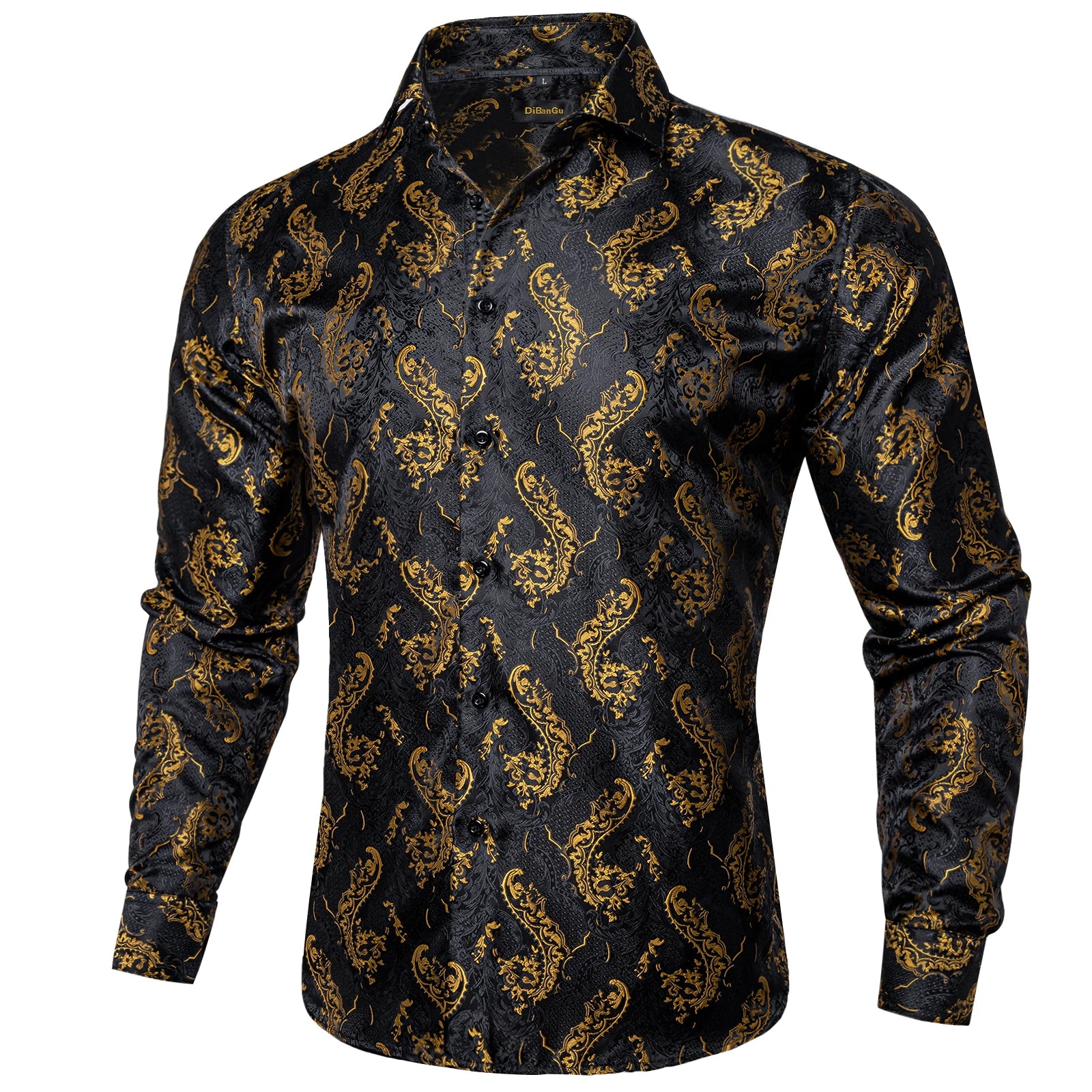 DiBanGu Silk Polyester Dress Shirts for Men Black Solid Paisley Red Silver Long Sleeve Turn Down Collar Prom Social Men's Shirt
