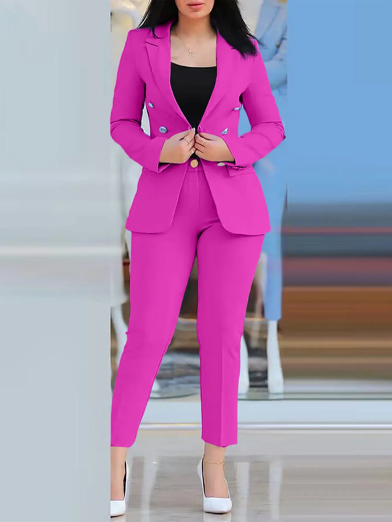 Women Blazer Suits Two 2 Pcs Sale Casual Slim Button Blazer Coats& Button Fitness Slim Full Blazer Pant Sets NMD-20250306003