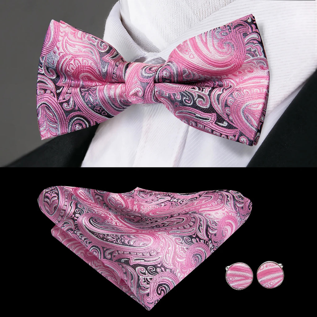 Hi-Tie Pink Dot Silk Mens Pre-tied Bow Tie Hanky Cufflink Set Dusty Pink Butterfly Knot Bowtie for Male Wedding Business