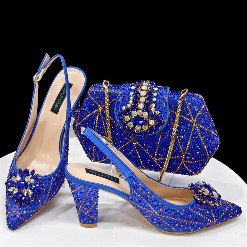 Venus Chan Nigerian Women Heel Party Ladies Italian Design Shoes And Bag Set Decorated with Rhinestone Handbag Wedding Party
