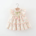 Summer Hardwear Girl Dress Tulip Cartoon Rabbit Print Small Flying Sleeves Flower Neck Bow Ribbon Tulip Flower Pattern