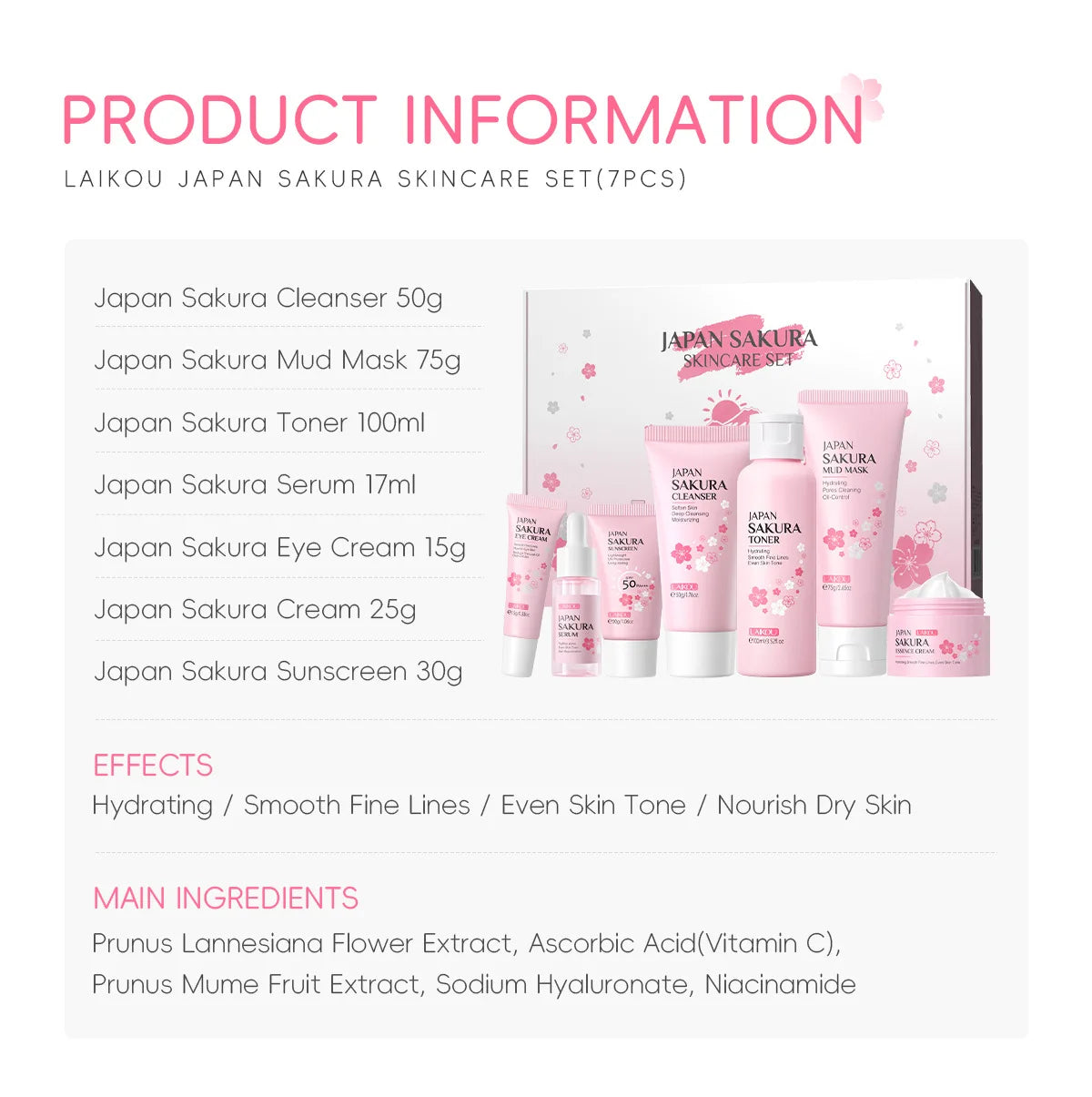 LAIKOU cleansing Laikou moisturizing hydration Japan Cherry Blossom Skincare 7-piece Mud Mask Edition Facial Care Set
