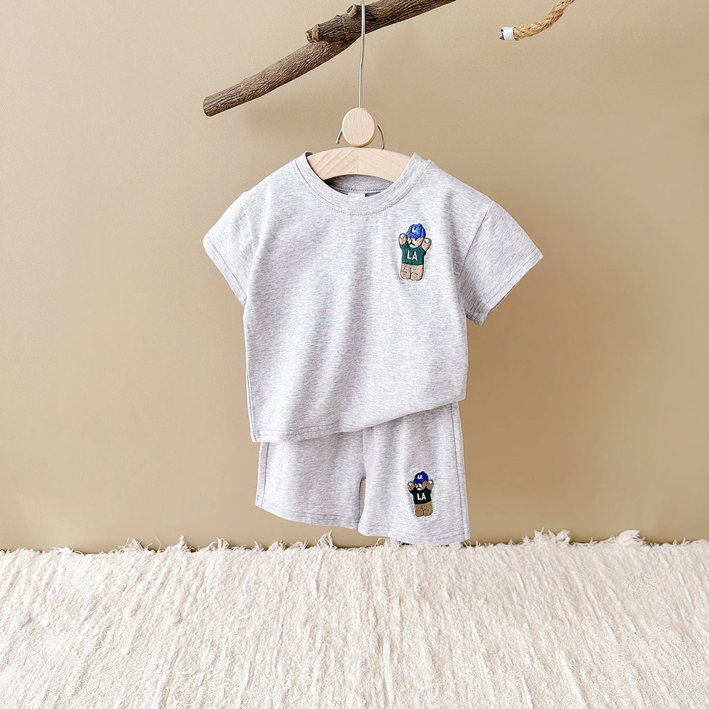 INS Summer Baby Boys Clothes Baby Girls Suit Bear Embroidery Thin Sports T-shirt Baby Cotton Infant Outfit Set Children Clothing