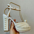 Fully Handmade Luxury Pearls Thick Heeled Peep toe Women Sandals Summer Fashion Platform Wedges High heels Wedding Banquet Shoes