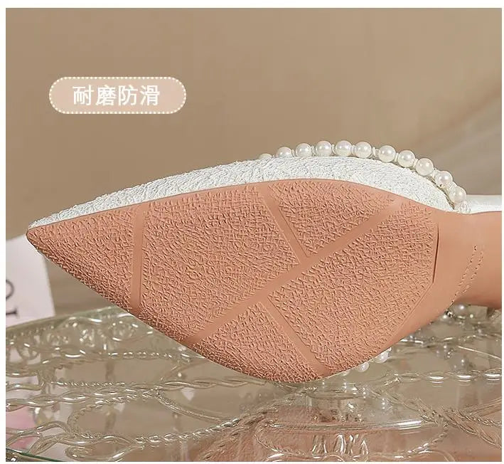 Size 30-44 Pearls Strap High Heels Lace Women White Wedding Shoes Stiletto Heel Point Toe Bride Bridesmaid