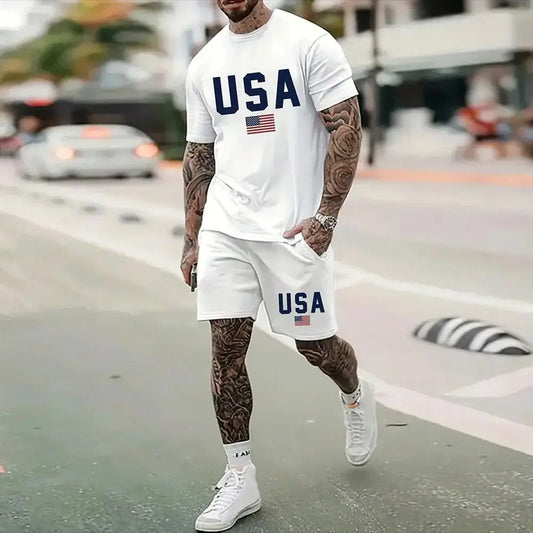 Men's Outdoor Printed T-shirt Shorts 2-piece Set 3D Printed O-neck Fashionable Men's Casual Breathable and Comfortable Set