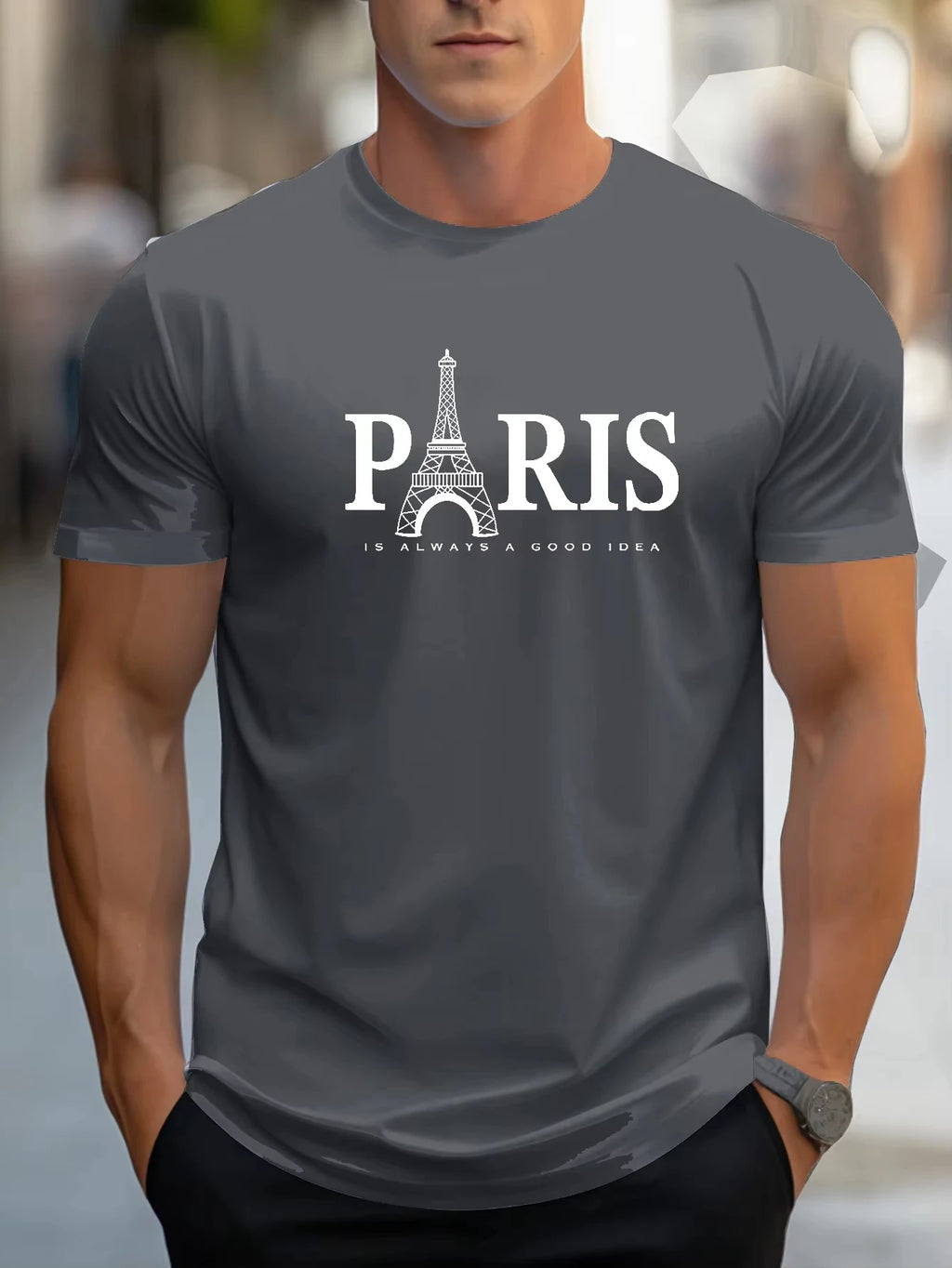 (Uniqlo）Men's 100% Pure Cotton Summer Loose Size Paris Letter Print Comfortable Short Sleeved T-Shirt Top Men Clothing Tshirt