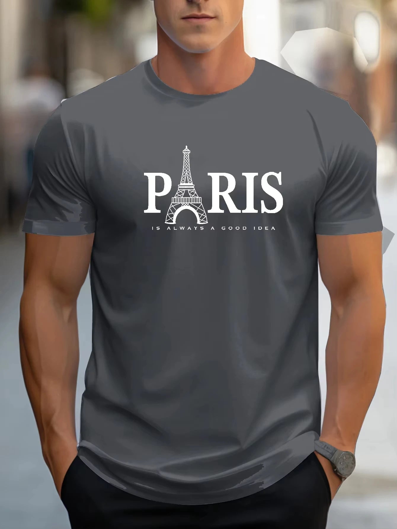 (Uniqlo）Men's 100% Pure Cotton Summer Loose Size Paris Letter Print Comfortable Short Sleeved T-Shirt Top Men Clothing Tshirt