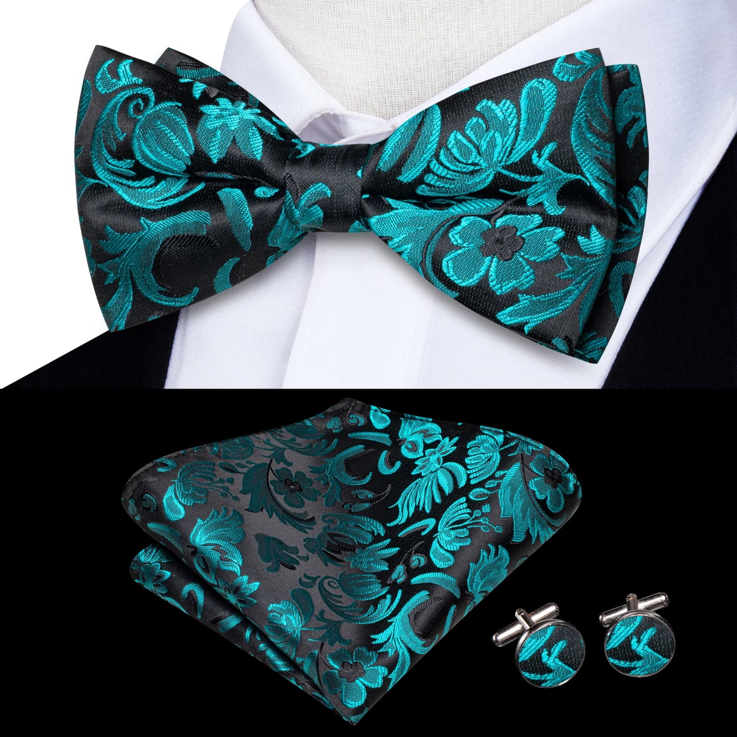 Hi-Tie Pink Dot Silk Mens Pre-tied Bow Tie Hanky Cufflink Set Dusty Pink Butterfly Knot Bowtie for Male Wedding Business