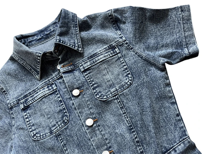 Casual Slim Short Sleeve Stretch Stir Fried Floral Washed Denim Jumpsuit Jeans Playsuit Cotton Flared Pants Jump Suit Overalls