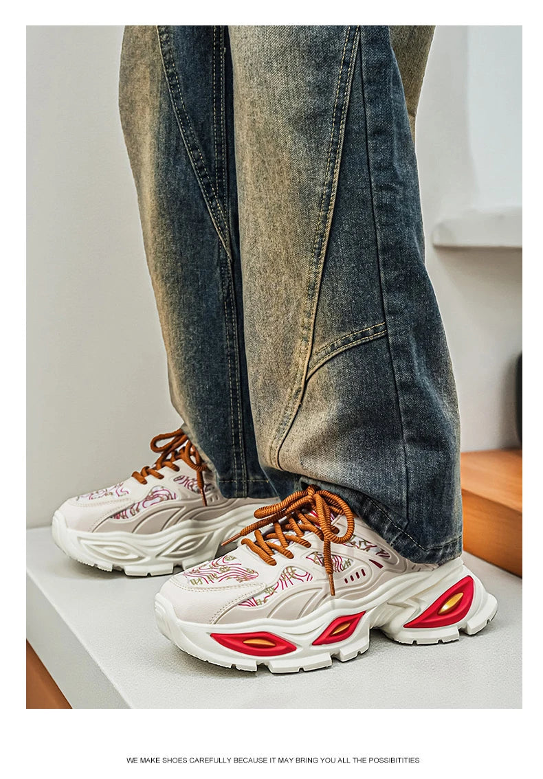 Chunky Sneakers Mens Original Designer Sports Shoes Fashion Casual Leather Fabric Breathable Height Increased Platform Gym Shoes