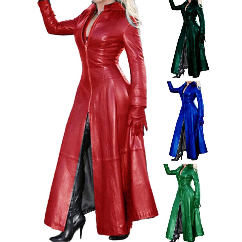 Loose Leather Jacket Trench Women Lapel Collar Zipper  Cyberpunk Coat Tight Waist Split Hem Autumn Winter Long Jacket PU