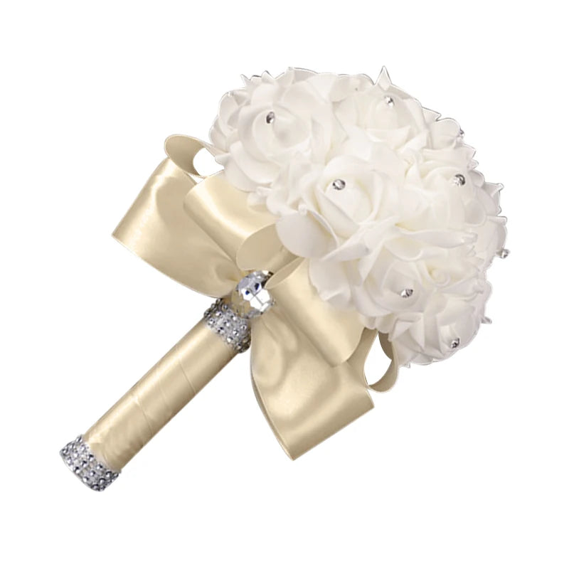 1PC Cheapest PE Rose Bridesmaid Wedding Foam Flowers Rose Bridal Bouquet Ribbon Fake Wedding Bouquet