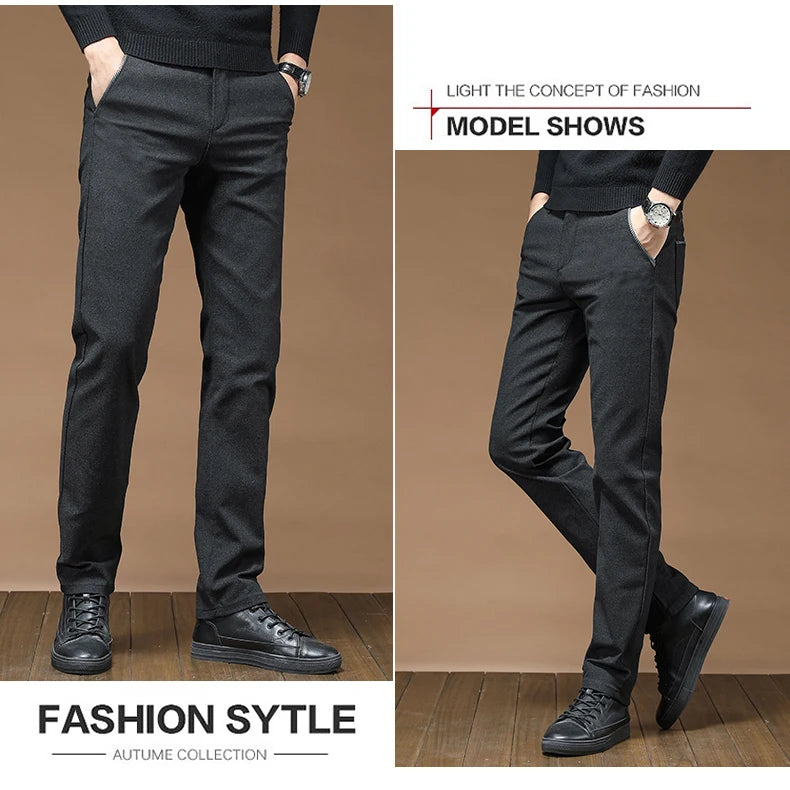 Winter Fashion Thermal Mens Casual Pants Fleece Lined Straight  Business Trousers Versatile Black Gray Blue Brand Trousers