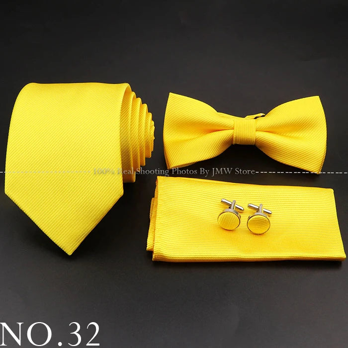 Hot Sale Red Blue Tie Set Polyester Slim Striped Necktie Bowtie Cufflink Brooch For Groom Suit Wedding Cravat Shirt Accessory