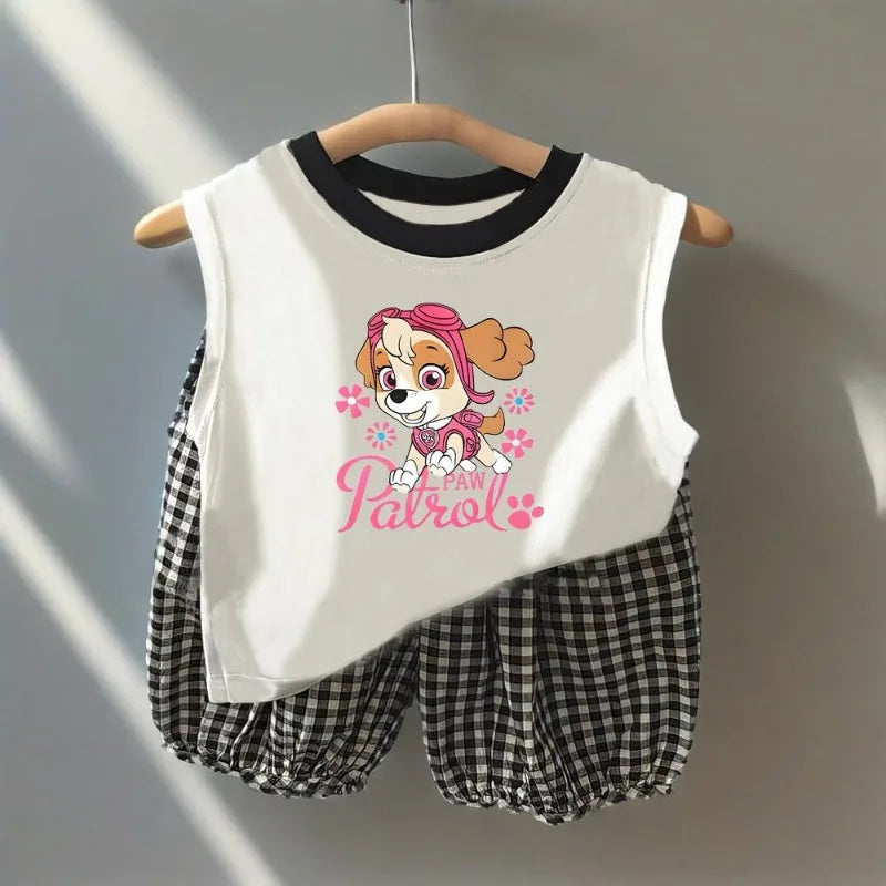 Summer Children Sleeveless Vest and Plaid Shorts 2pcs Sets PAW Patrol Boys Breathable Outfits Baby Girls Casual Clothes  Suit