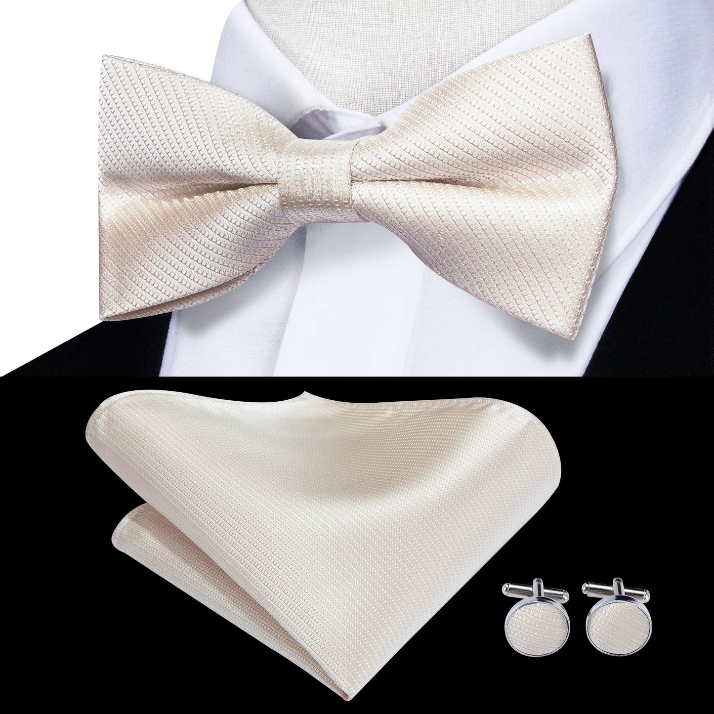 Hi-Tie Pink Dot Silk Mens Pre-tied Bow Tie Hanky Cufflink Set Dusty Pink Butterfly Knot Bowtie for Male Wedding Business