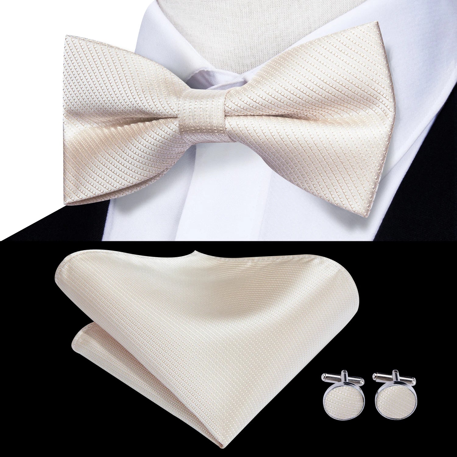 Hi-Tie Pink Dot Silk Mens Pre-tied Bow Tie Hanky Cufflink Set Dusty Pink Butterfly Knot Bowtie for Male Wedding Business