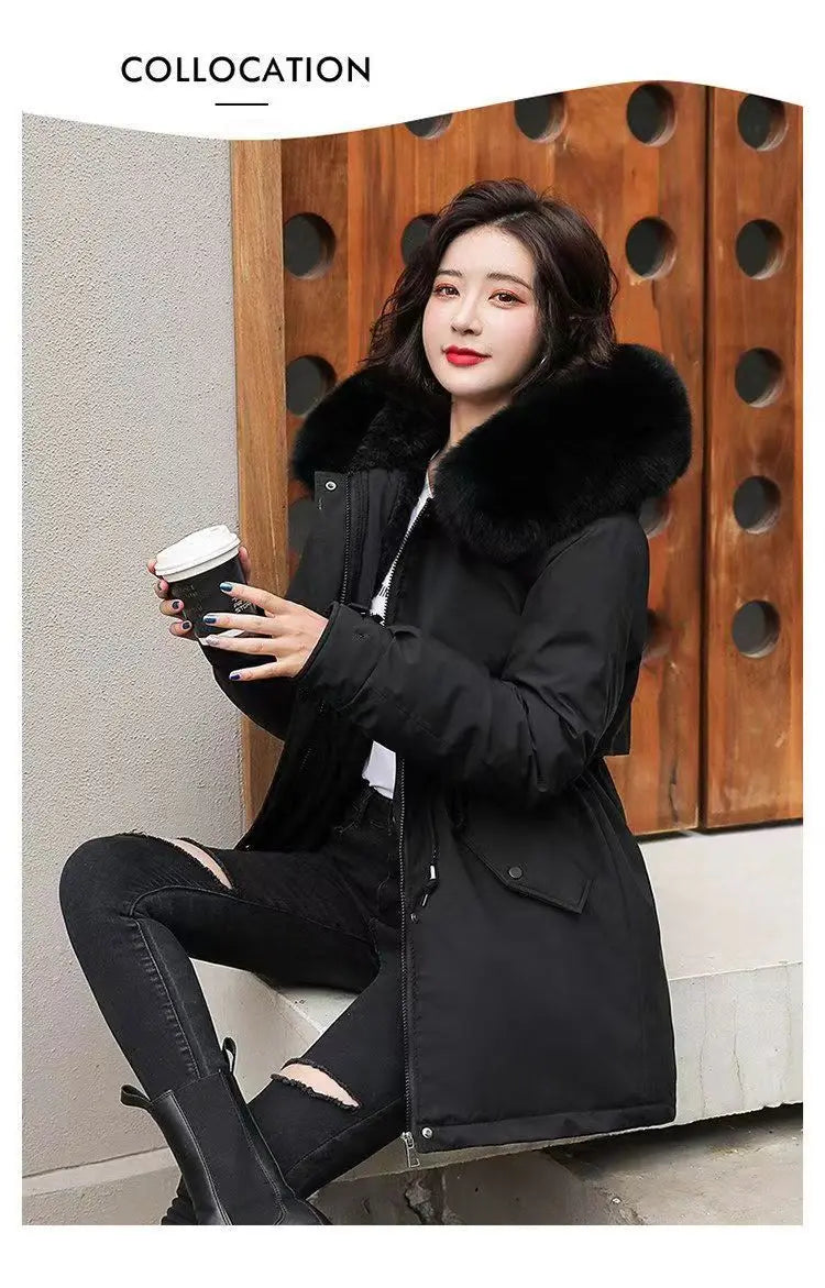 2025 Winter New Korean Edition Loose Thicken Cotton Jacket Women's Big Fur collar Hooded Coat Female Casual Warm Parker Overcoat