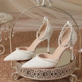 Size 30-44 Pearls Strap High Heels Lace Women White Wedding Shoes Stiletto Heel Point Toe Bride Bridesmaid