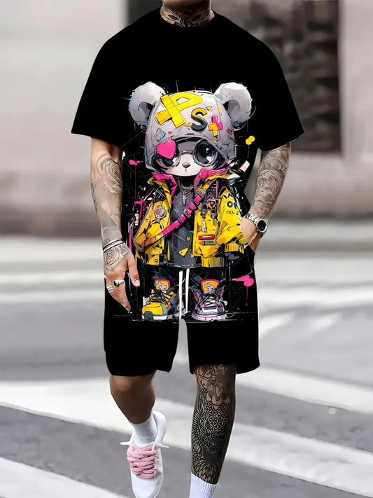 Men's Summer Short Sleeve Set Hip Hop Cartoon Bear Print Short Sleeve Top Shorts Casual Two-piece Outdoor Urban Street Fashion