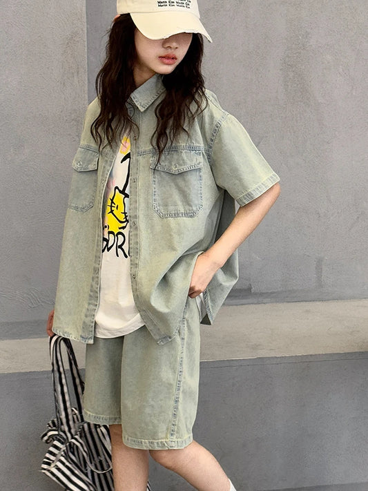 Girls' Summer Tencel Cowboy Set 2025 New Children's Shirt Shorts Two Piece Set Girls' Fashionable Clothes Trendy