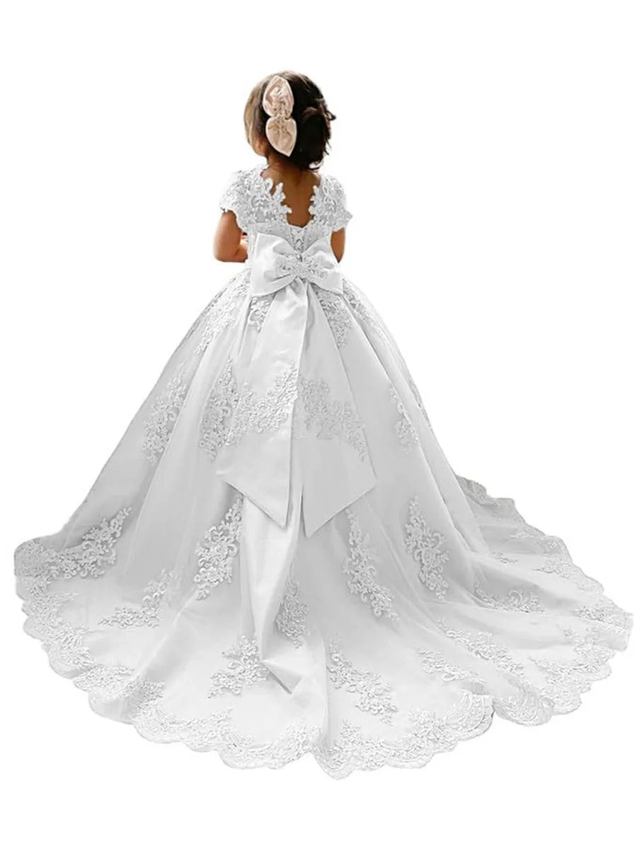 Girls Princess Flower Girl Dresses for Wedding With Bow-knot Beaded Appliques Pageant Dress Kids Long Train Wedding Party Gowns