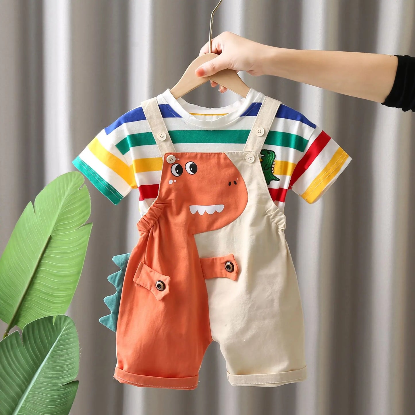 Summer New 2025 Fashionable Children's Boys' Colorful Striped Cotton Short Sleeved/cartoon Dinosaur Overalls Two-piece Set 1