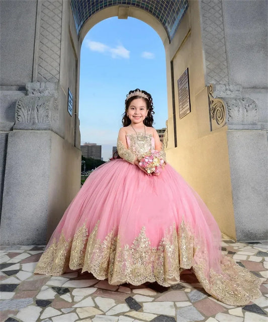 Wedding Long Sleeves Flower Girl Dresses Golden Decal Tulle Children's  Bow Party Birthday Pageant Robe Holy First Communion