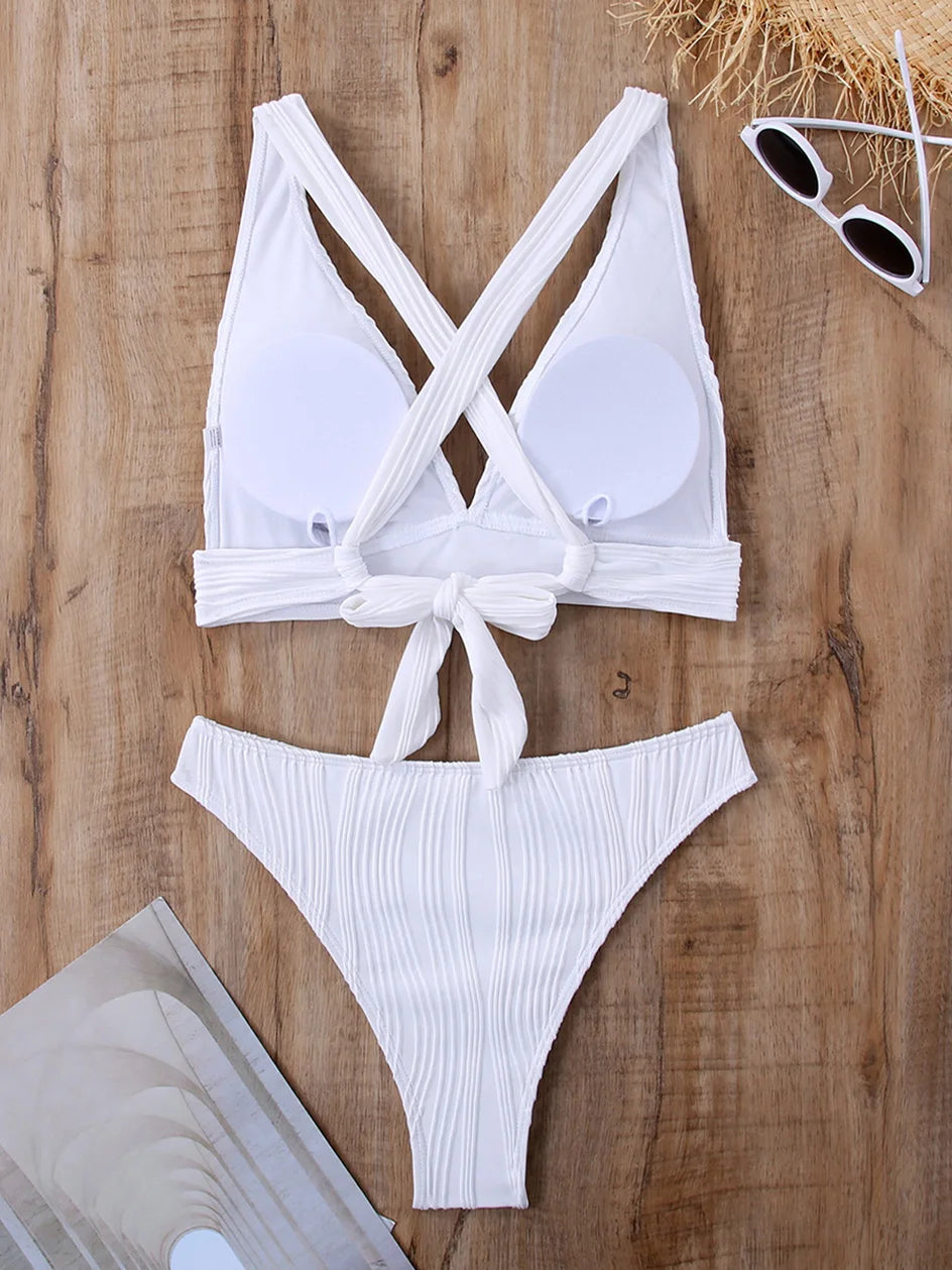 Sexy Criss Cross Tie Back Bikini Women's Swimsuit 2024 Swimwear Trend Bathing Suits Hight Waist Bikinis Sets Push Up Beach Wear
