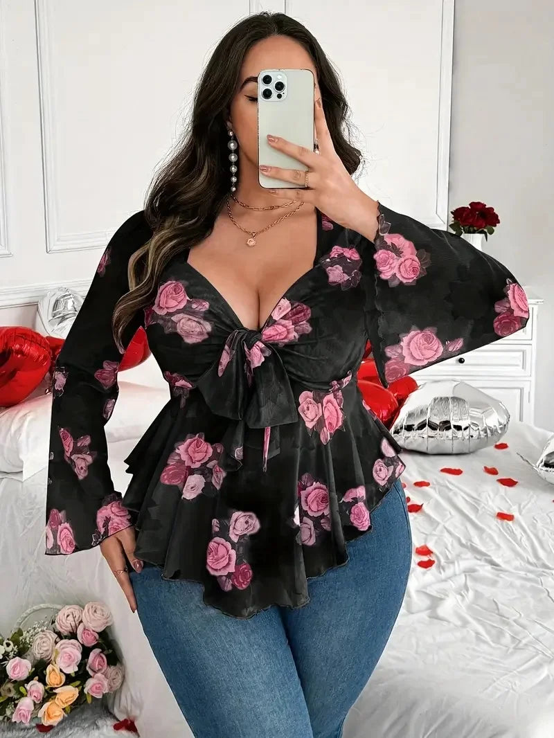 New net fabric rose flower printed net fabric blouse with fitted long sleeves, elegant series net fabric strapless long-sleeved