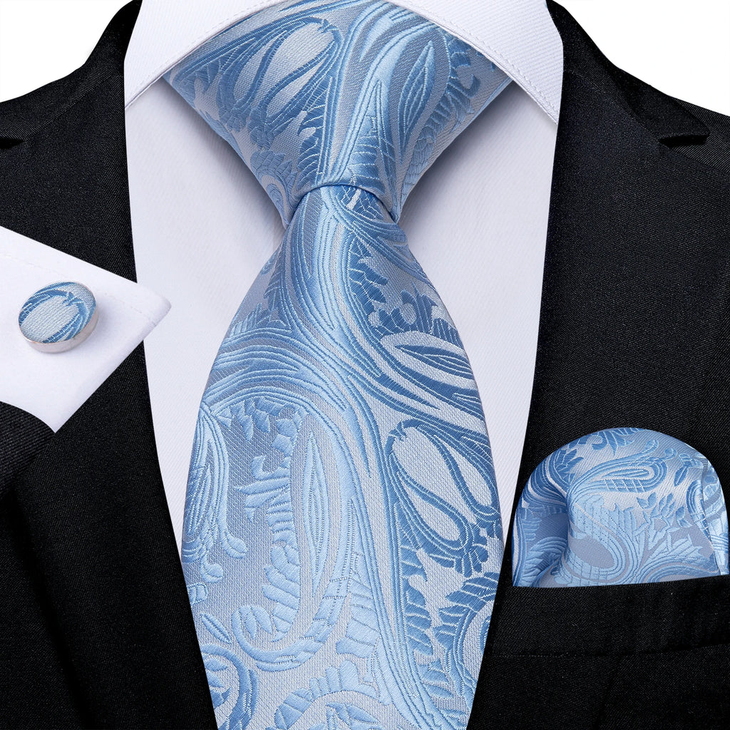 Light Blue Men's Tie Set Handkerchief Cufflinks Solid Paisley Floral Wedding Party Formal Groom Suits Accessories Gift Husband
