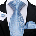 Light Blue Men's Tie Set Handkerchief Cufflinks Solid Paisley Floral Wedding Party Formal Groom Suits Accessories Gift Husband