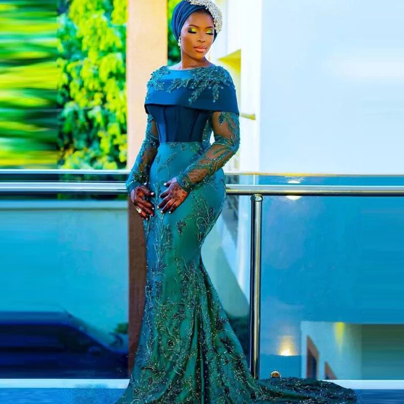 Aso Ebi Mermaid Evening Dresses Lace Beads Pearls Long Sleeves Formal Party Gowns Plus Size Prom Dress With Detachable Train