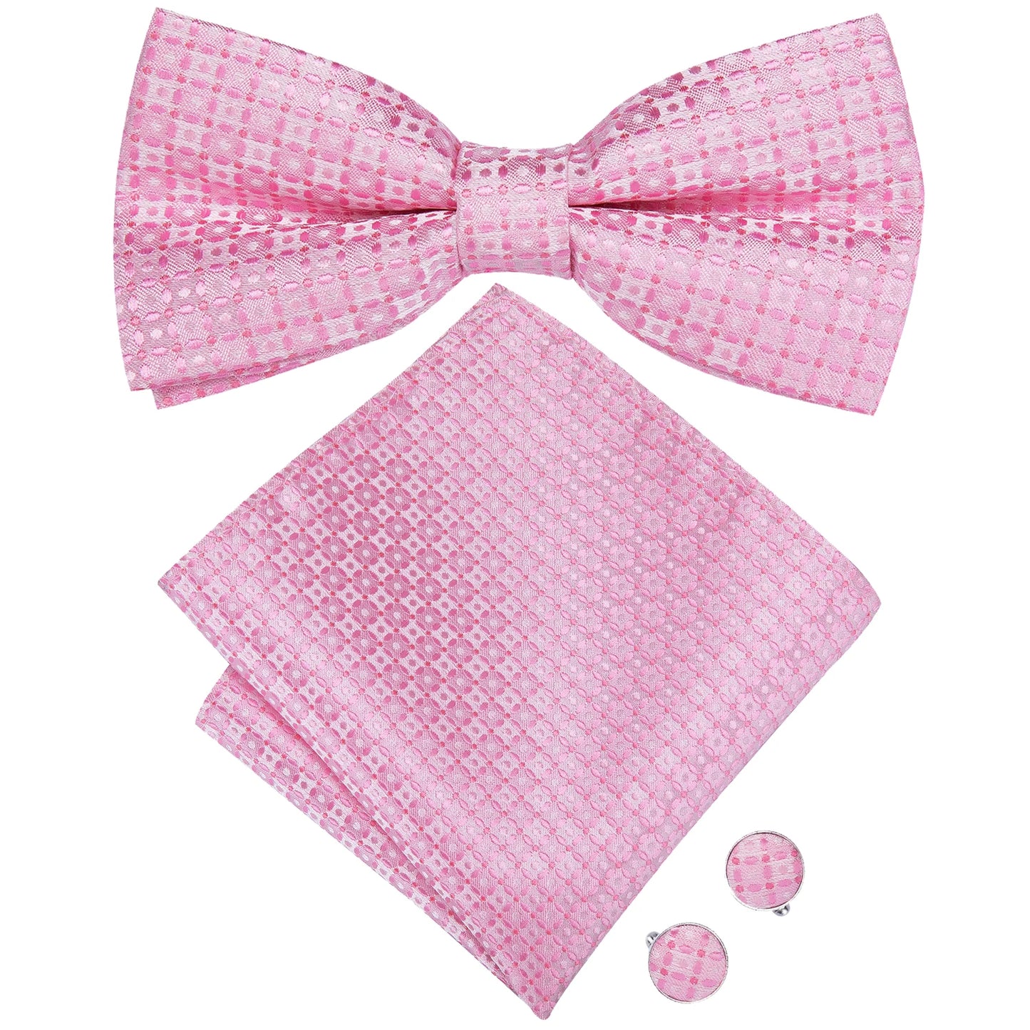 Hi-Tie Pink Dot Silk Mens Pre-tied Bow Tie Hanky Cufflink Set Dusty Pink Butterfly Knot Bowtie for Male Wedding Business