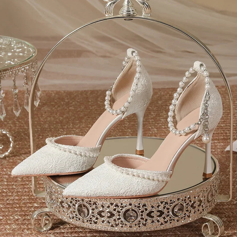 Size 30-44 Pearls Strap High Heels Lace Women White Wedding Shoes Stiletto Heel Point Toe Bride Bridesmaid