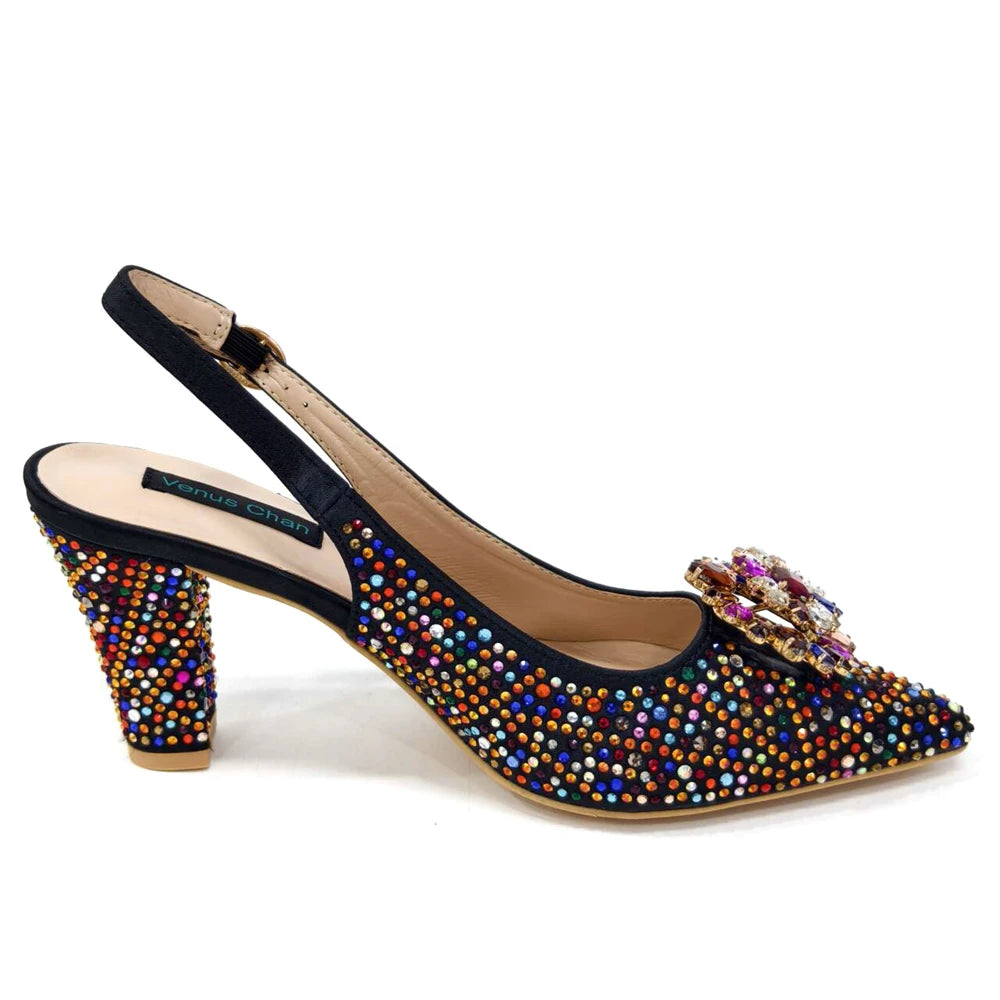 Venus Chan Nigerian Women Heel Party Ladies Italian Design Shoes And Bag Set Decorated with Rhinestone Handbag Wedding Party