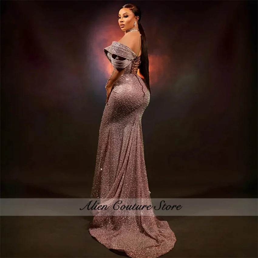 Aso Ebi Luxury Silver Beaded Evening Dresses 2025 Lace up Back African Diamonds Prom Dress Customized Wedding Party Gown