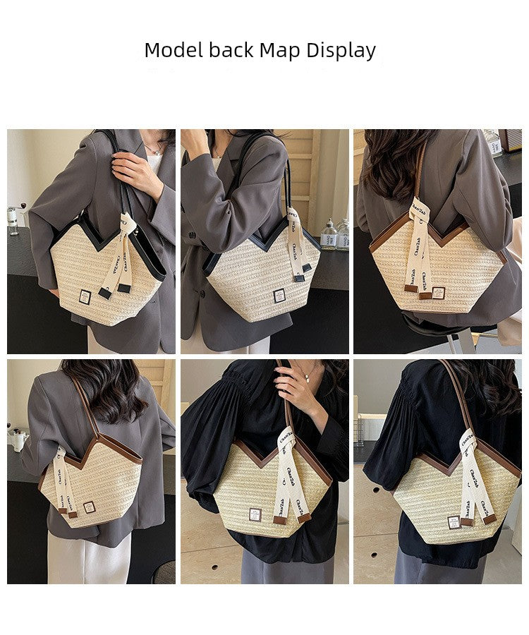 Woven Straw Woven Bag Women's Large Capacity 2025 New Arrival Easiest for Match Seaside Shoulder Bag Beach Vacation Commuter Tote