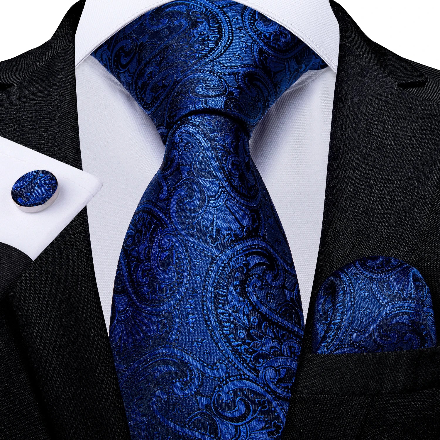 Royal Blue Paisley Plaid Striped Men tie Set with Handkerchief Cufflinks Wedding Prom Groom Accessories Perfect Gift for Men
