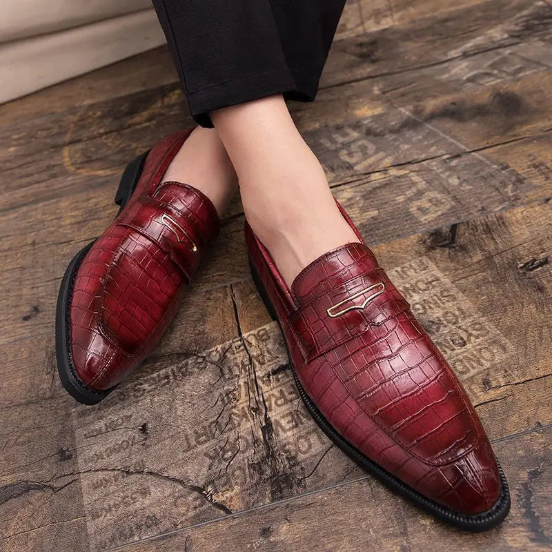 Men's Crocodile Pattern Black Loafers – Pointed Toe Slip-On Wedding Oxford