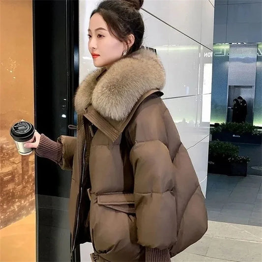 2025 Down Jacket Women Winter Coat New Fashion Warm Thick Short Loose Cotton Splicing Fur Collar Quilted Coat Women Clothing