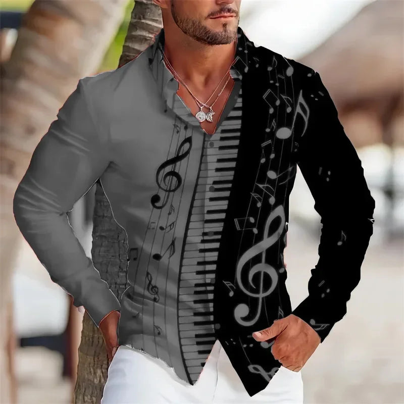 2024 Summer Men's Long Sleeves Shirt with Musical Instrument Symbol Pattern Printed Collar, Cardigan, Street Casual Shirt