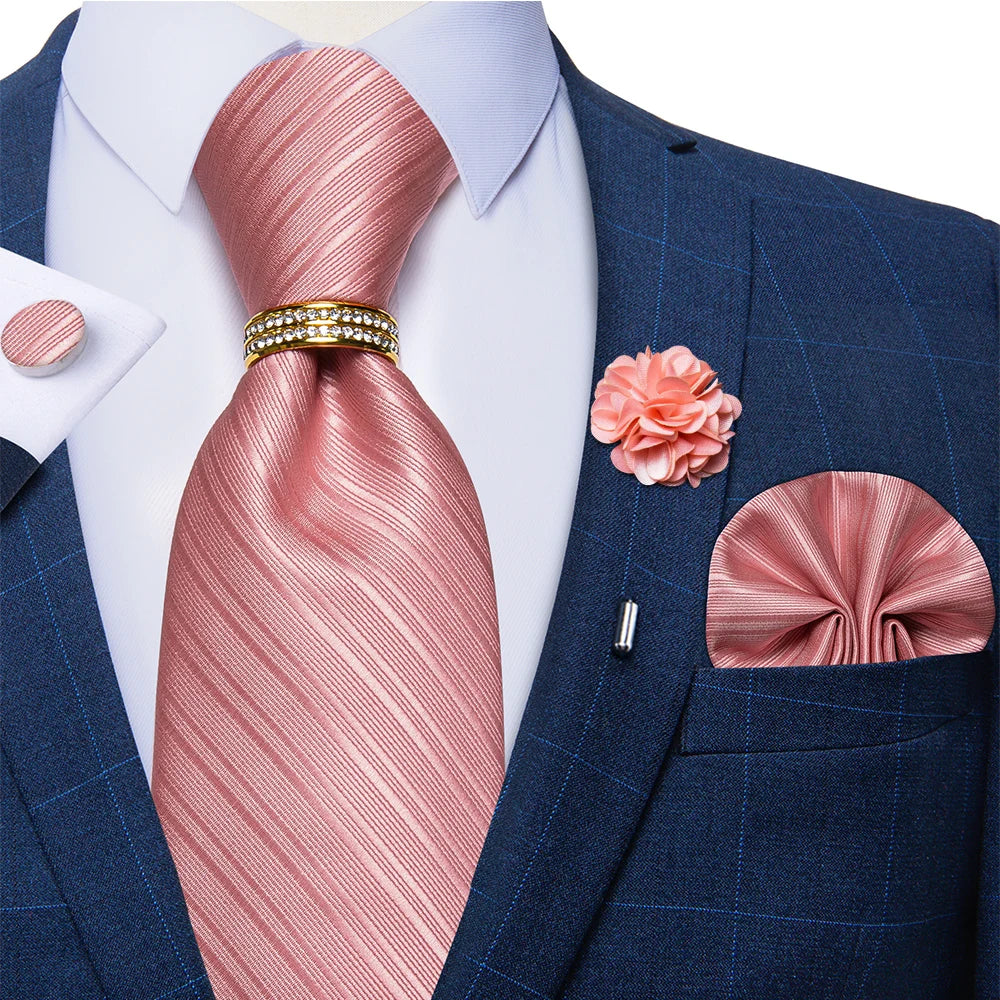Men's Floral Red 8cm Ties Handkerchief Cufflinks Metal Ring Brooch Pin 5 Pcs Set Wedding Party Suits Accessory Gift for Husband
