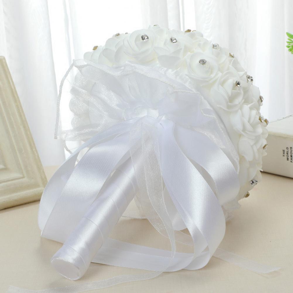 White Faux Silk Diamond Flower Ribbon Bouquet Wedding Bridal Holding Rose Bouquet Fake Flower for Wedding Decoration Flowers