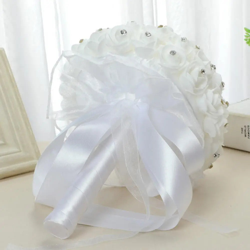 White Faux Silk Diamond Flower Ribbon Bouquet Wedding Bridal Holding Rose Bouquet Fake Flower for Wedding Decoration Flowers