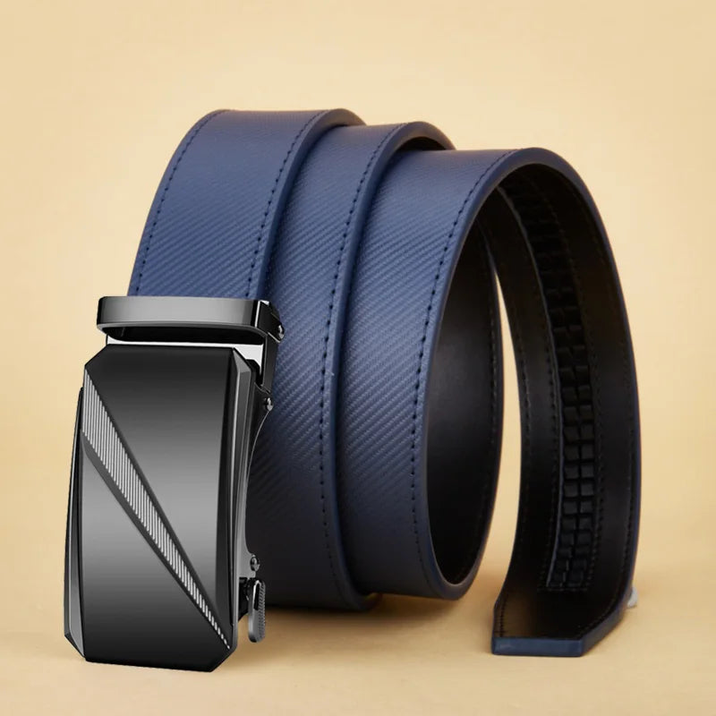 OYIFAN Men's Belt Blue Striped Belt Fashion Jeans Belt Genuine Leather Belt Automatic Buckle Belts