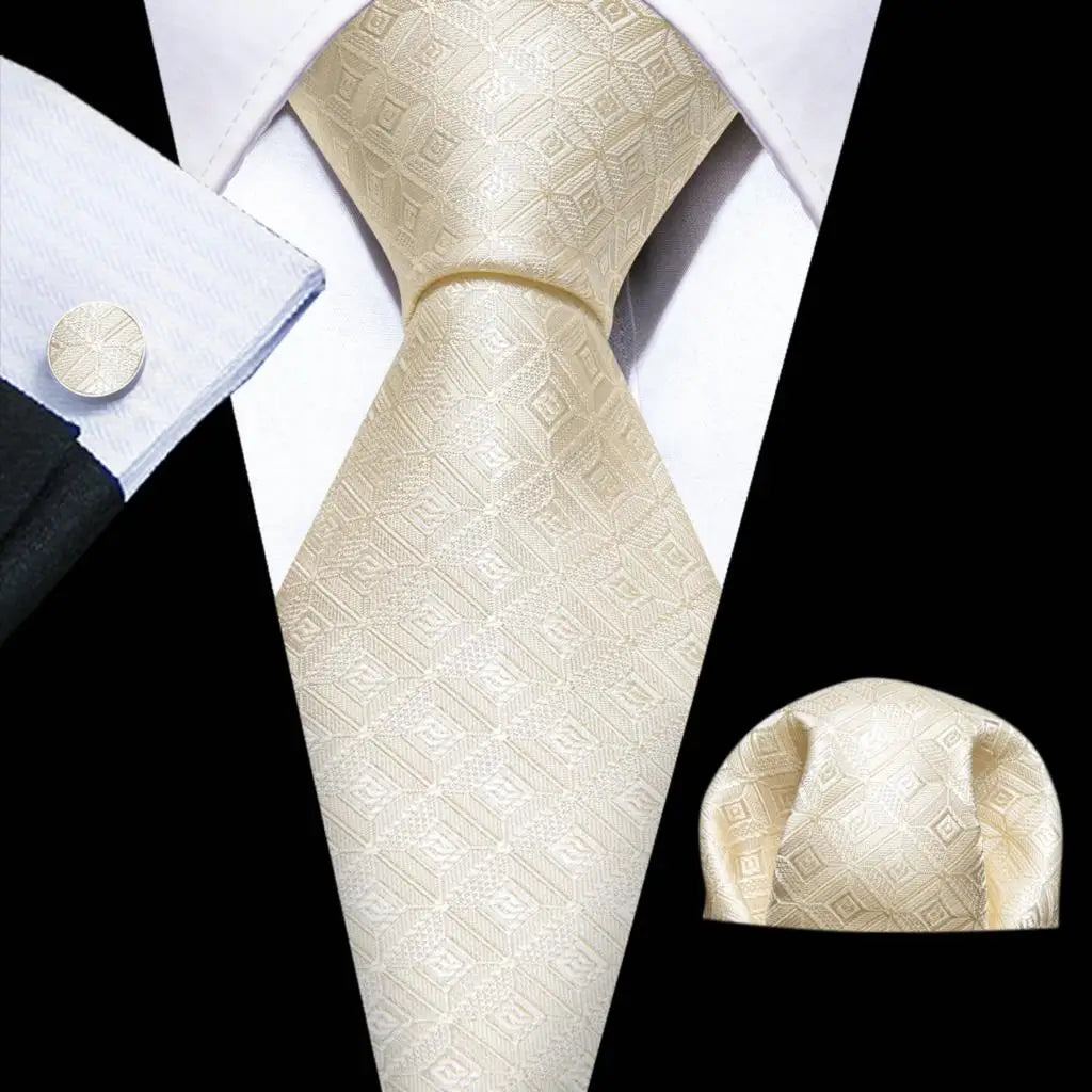 Barry.Wang Gold Beige Yellow Brown Tulip Silk Men Tie Handkerchief Cufflink Set Jacquard Necktie for Male Wedding Business Party