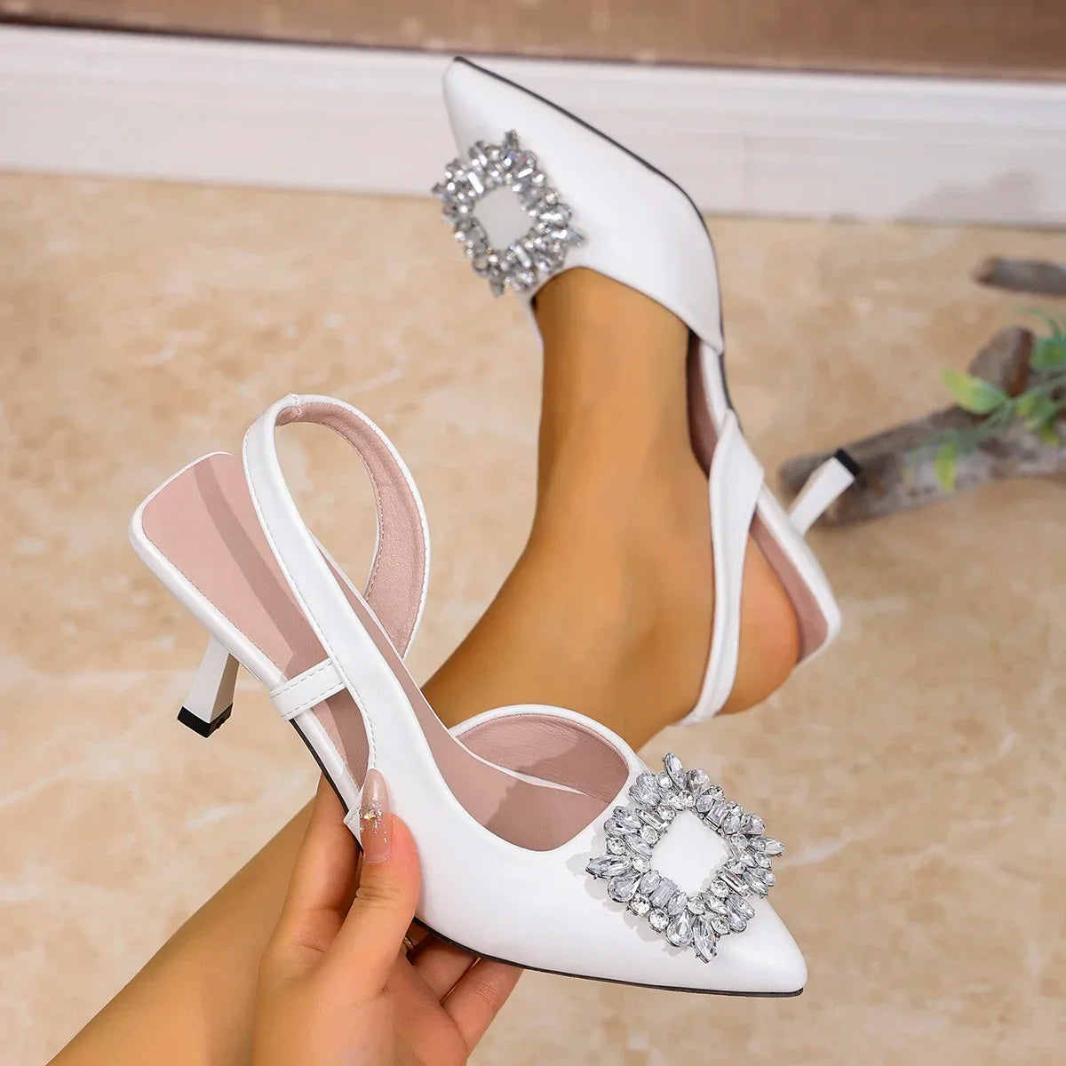 Elegant Ladies Crystal Buckle Pumps Summer 2025 Sexy Pointed Toe High Heels Sandals Women Back Strap Party Wedding Shoes Woman
